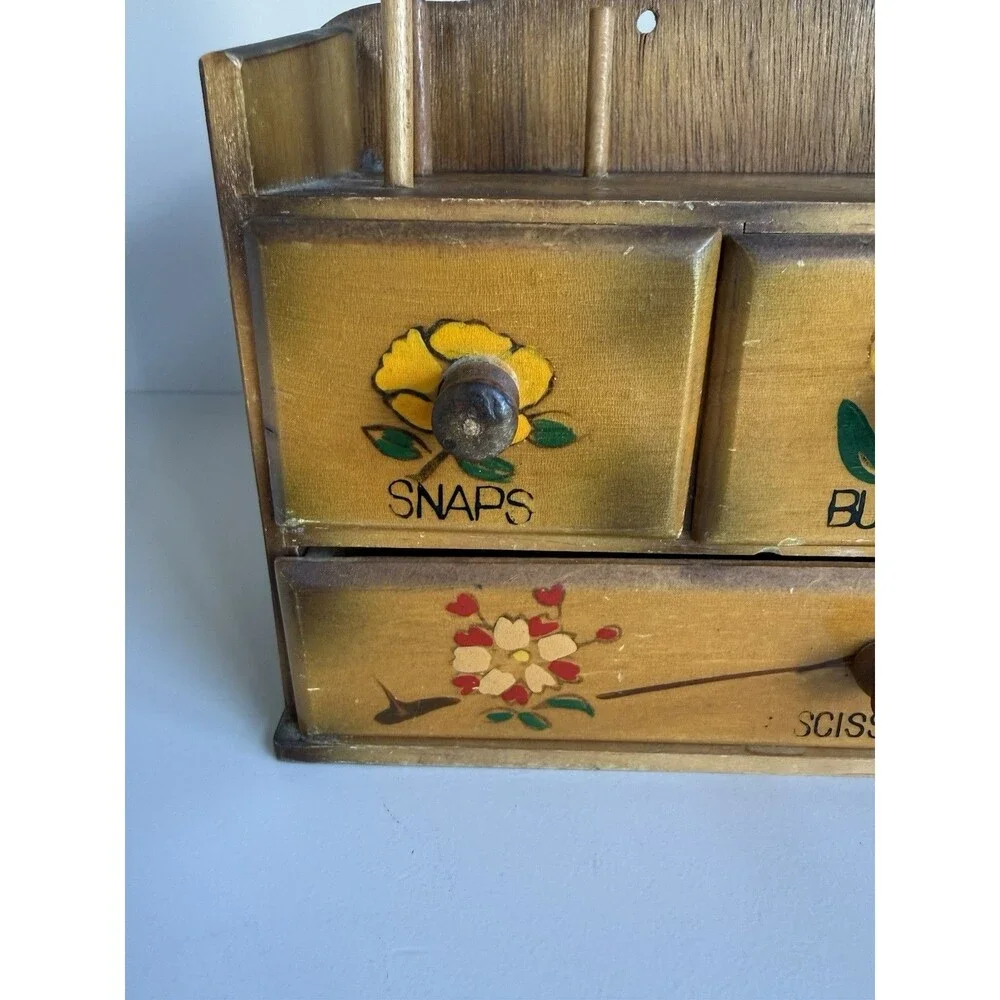 Vintage Wood Wooden Hanging Sewing Box Storage Drawers Painted Flowers